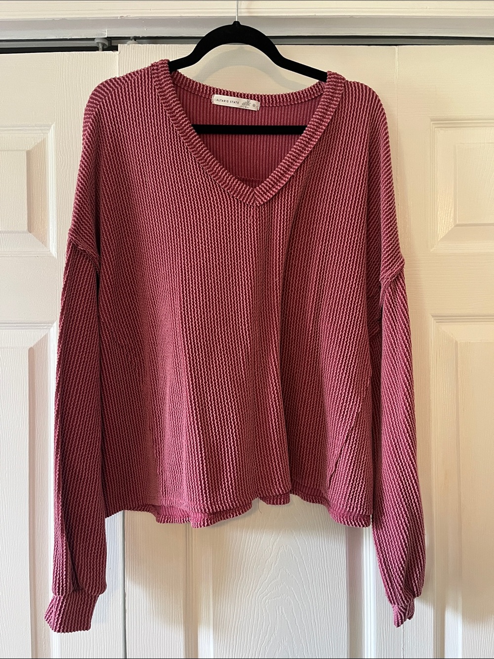 Waffle-Knit V-Neck Sweater in Dusty Rose